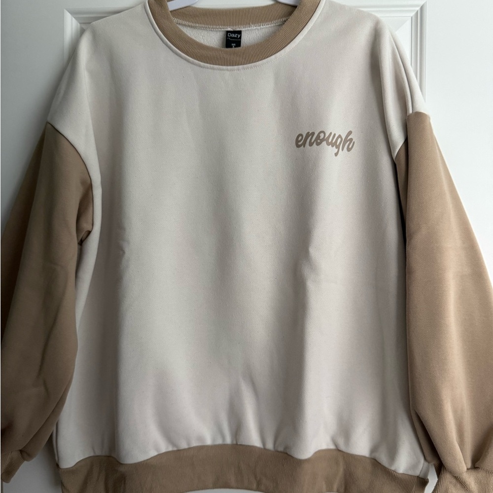 Cream and Tan Crew Neck Sweater with Ribbed Cuffs